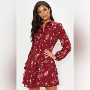 Deep Burgundy Printed Skater Shirt Dress US Size 2 NWT by Pretty Little Thing